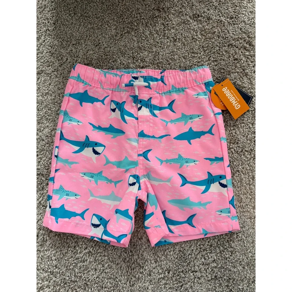 Gymboree Swim Trunks Kids 5T Pink Shark Print NWT Neon Board Shorts 3045638